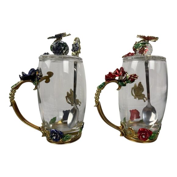 Two Butterfly Glass Tea Cups With Lid And Spoon Red & Blue Roses New In Box - Picture 7 of 11